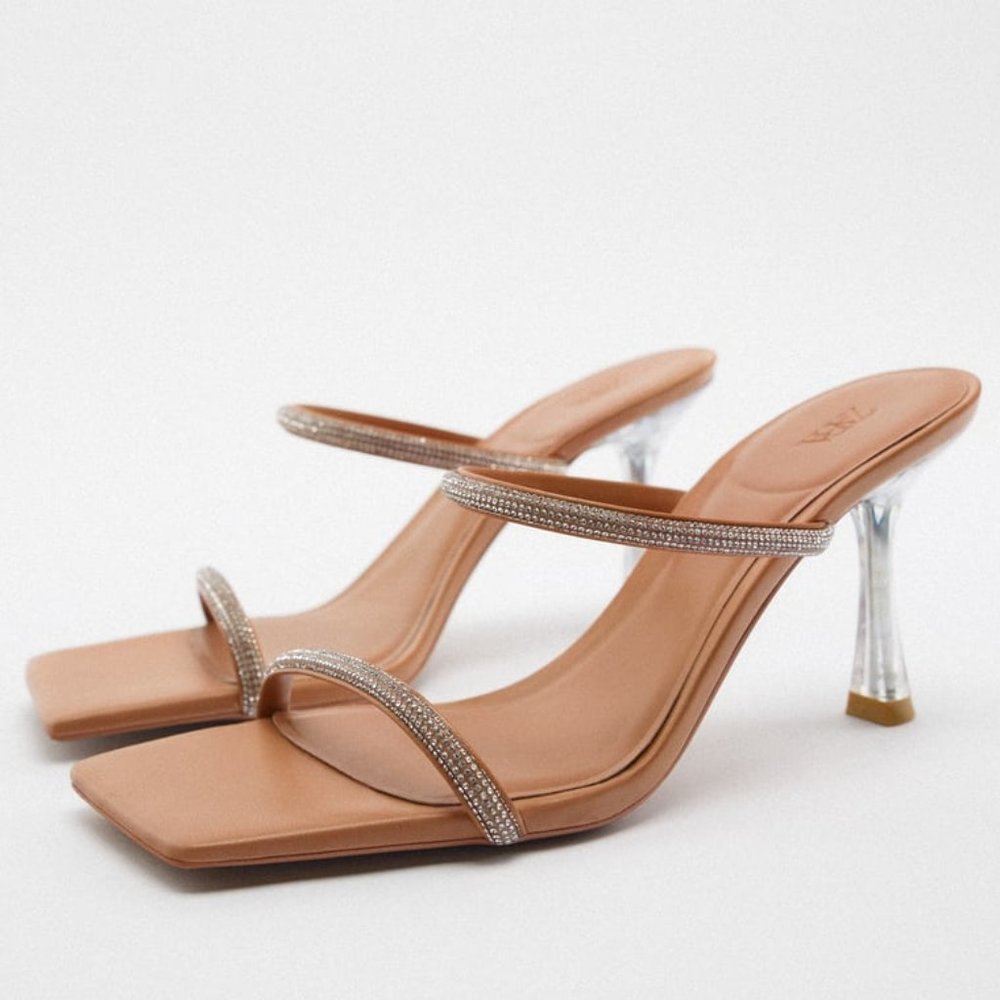 New with Minor Flaw – ZARA Rhinestone Strap High Heel Sandals | Fits US 7 / 7.5